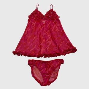 Y2K La Senza Hot Pink & Red Chiffon Mesh Babydoll Lingerie PJ Set Size L